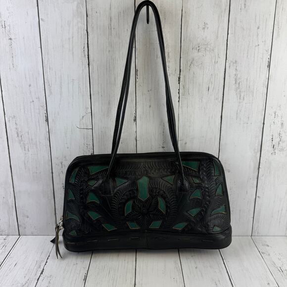 J.L. Saldivar Black Green Floral Tooled Leather Inlay Handcrafted Shoulder Bag - Picture 2 of 11